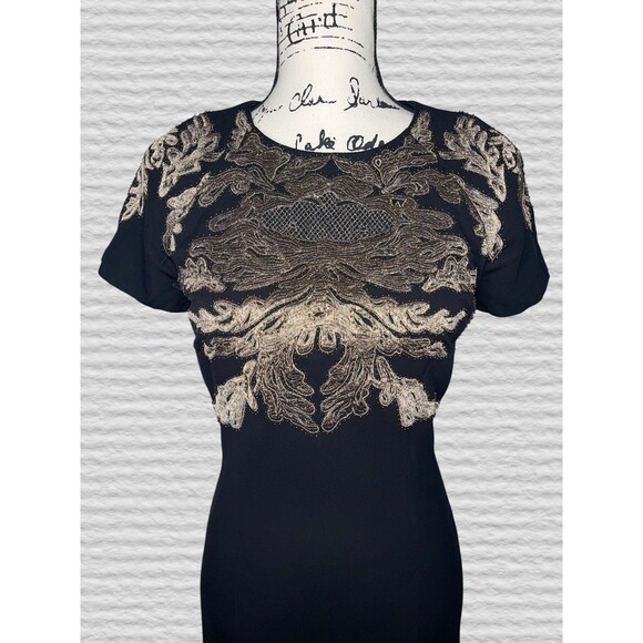 David Meister Embroidered Beaded Luxe Gown Womens 8 Black Gold Maxi Elegant Gala - Picture 2 of 8